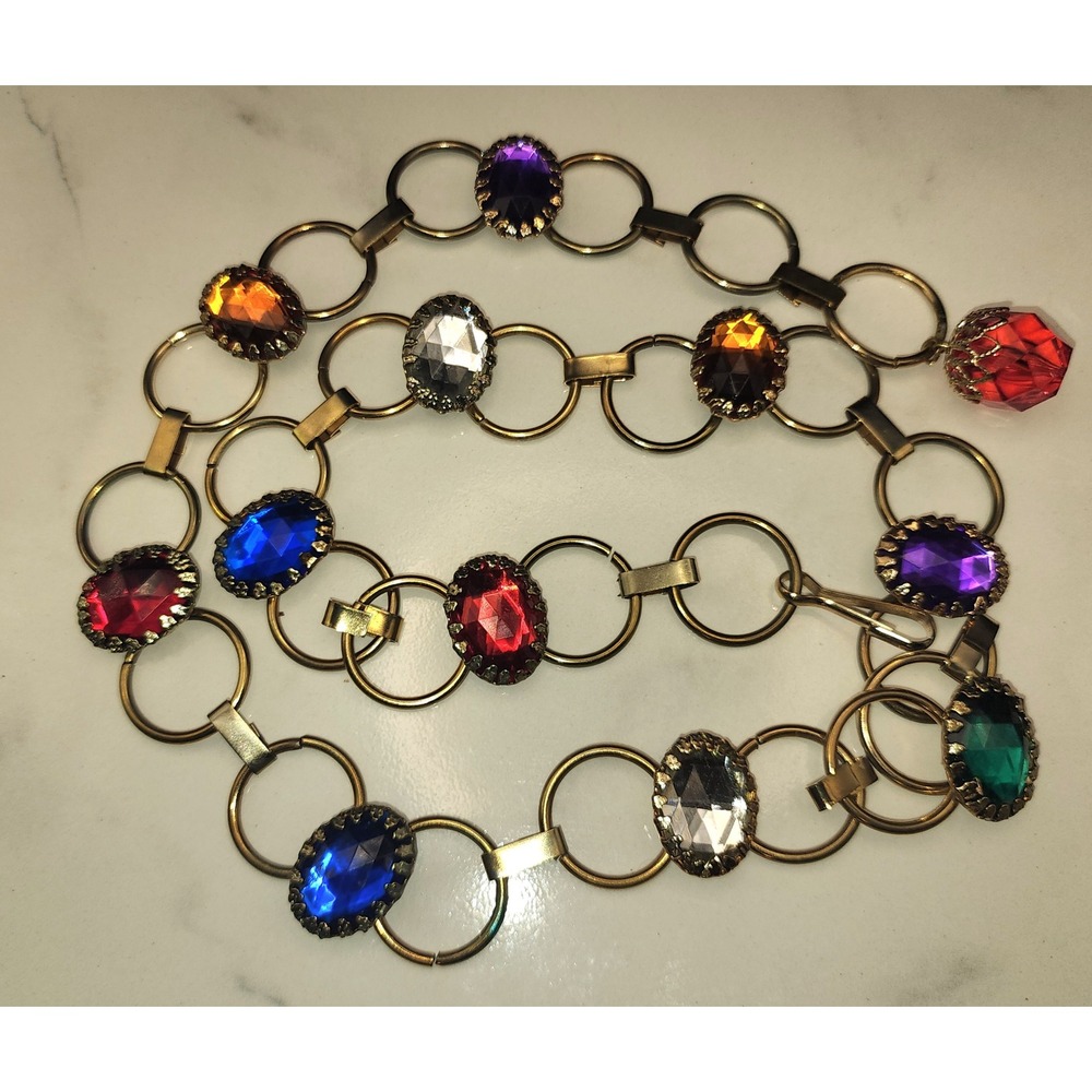 Vintage Gold Chain Belt Multi Color Faux Gemstone Jewel Link Waist Belt Size S